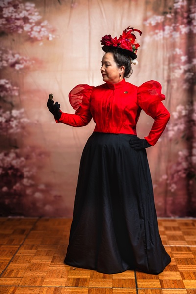 Reproduction 1890s Red Blouse and Black Skirt at Costume College 2025. Photo by Mark Edwards Photographer
