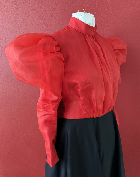 Reproduction 1890s Red Blouse Bodice Right Quarter View. Laughing Moon 103 