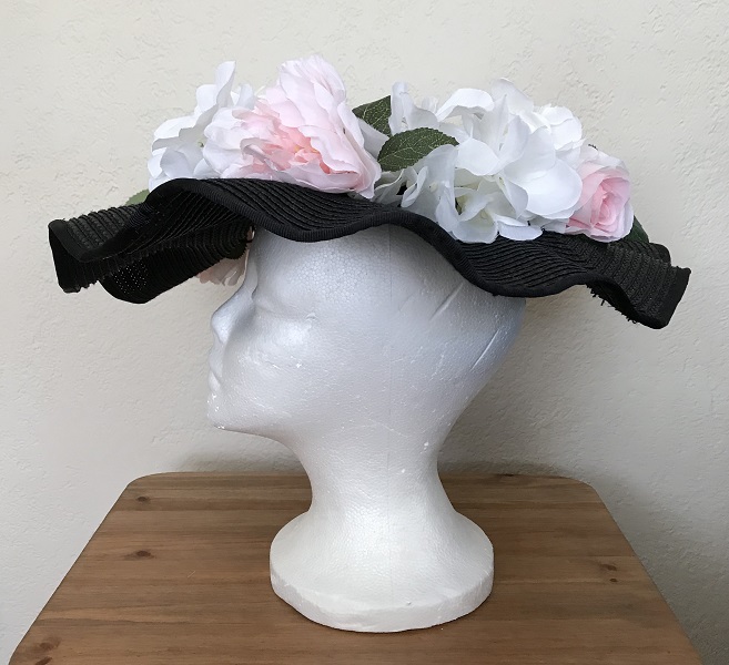 Reproduction Edwardian Black Wavy Brimmed Hat Left.