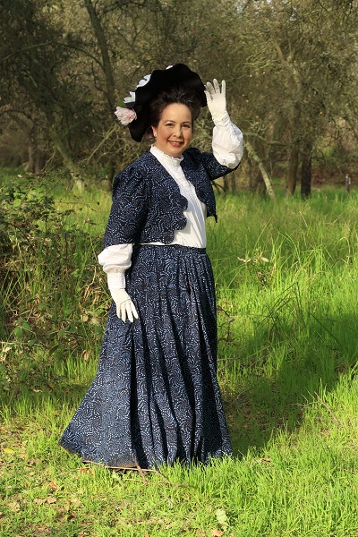 Reproduction Edwardian Navy Batik Walking Outfit at Effie Yeaw. Photo by Hannah Phillips-Ryan.