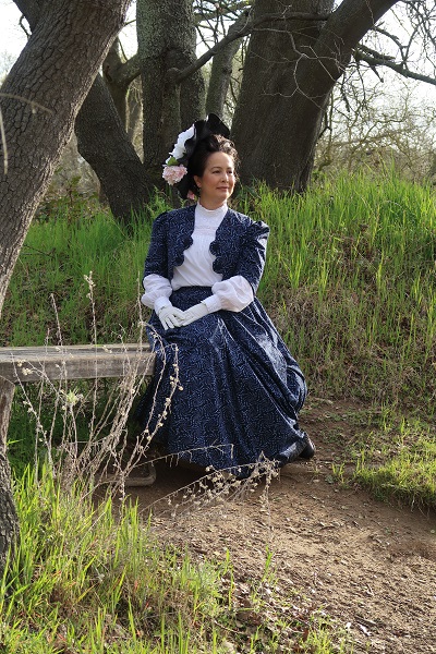 Reproduction Edwardian Navy Batik Walking Outfit at Effie Yeaw. Photo by Hannah Phillips-Ryan.