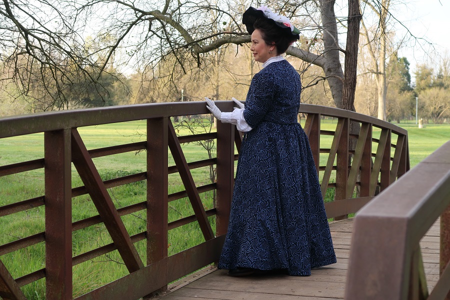 Reproduction Edwardian Navy Batik Walking Outfit at Effie Yeaw. Photo by Hannah Phillips-Ryan. 