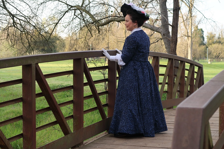 Reproduction Edwardian Navy Batik Walking Outfit at Effie Yeaw. Photo by Hannah Phillips-Ryan. 