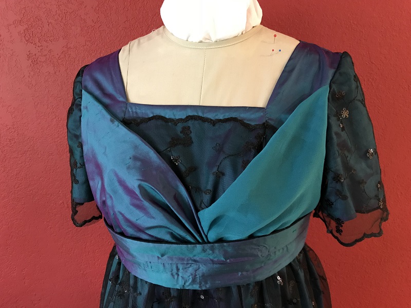1910s Reproduction Teal Evening Dress Front Detail