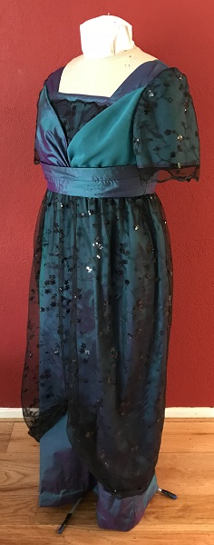 1910s Reproduction Teal Evening Dress Quarter View.
