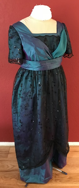 1910s Reproduction Teal Evening Dress  Right Quarter View. 