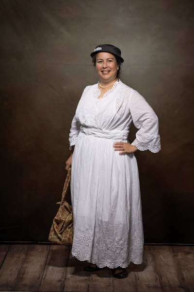 Reproduction 1916 Dress - White Eyelet  Dress. Wearing History #R124 Eloise. Costume College 2023. Photo by Mark Edwards Photography.