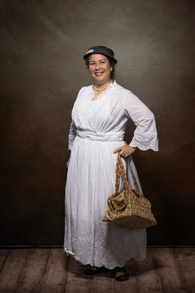 Reproduction 1916 Dress - White Eyelet  Dress. Wearing History #R124 Eloise. Costume College 2023. Photo by Mark Edwards Photography.