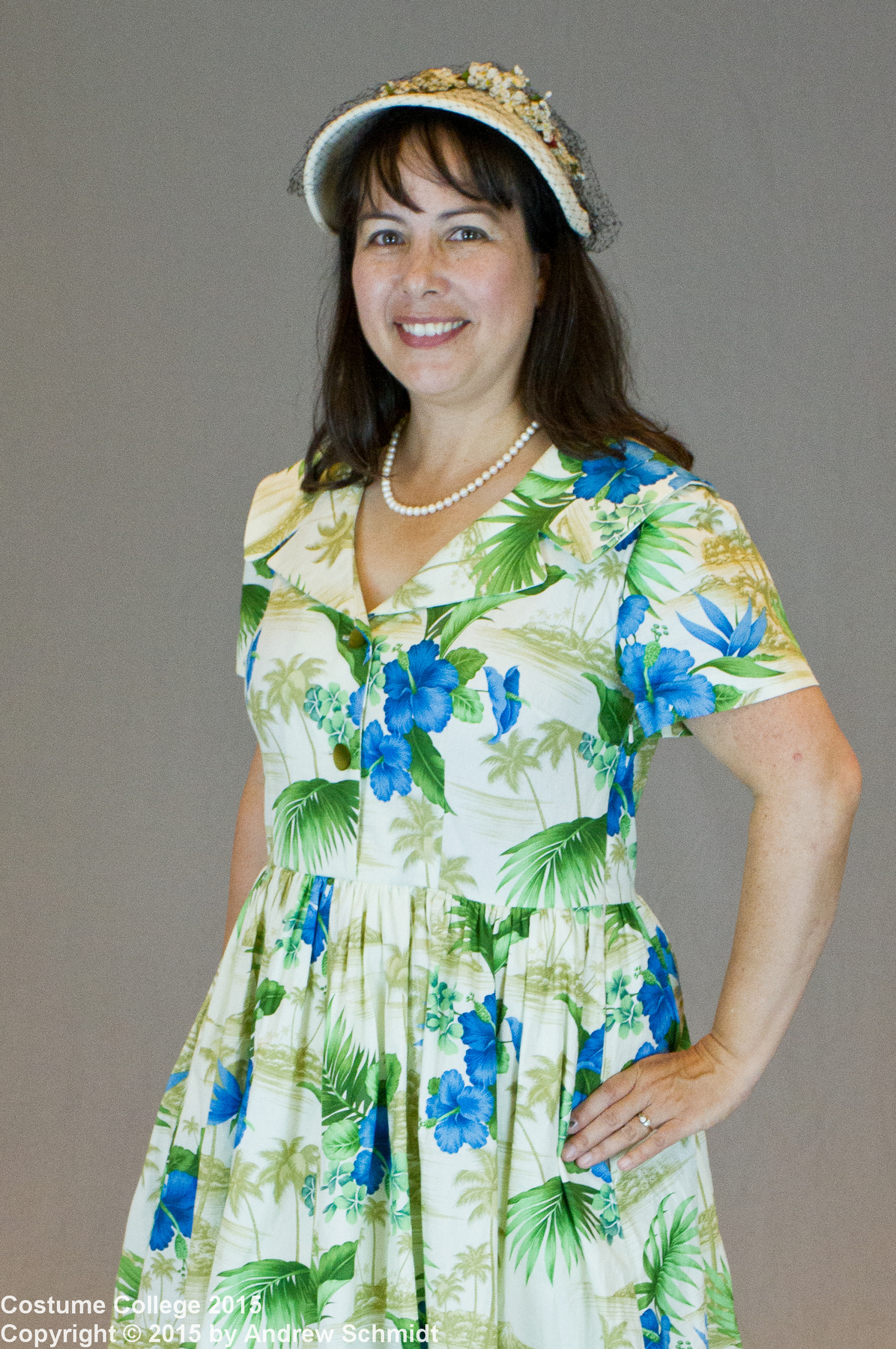 1950s reproduction retro Blue Hawaiian Dress. Portrait photo by Andrew Schmidt.