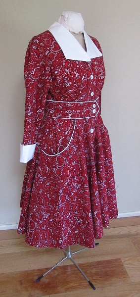 1950s Reproduction Western Swing Red Dog Dress  Right Quarter View. 