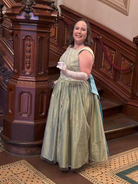 Reproduction 1953 Green Evening Dress at Crocker ArtMix Prom March 2024. 