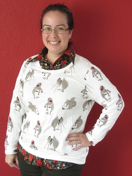 Butterick B5526 Button Down Poinsetta Shirt under squirrel sweatshirt