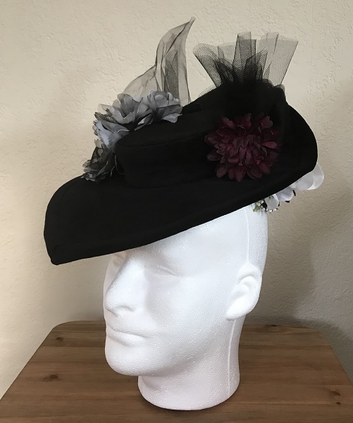 Reproduction Edwardian Black Velveteen Hat Butterick B6397 View D Left Quarter View.