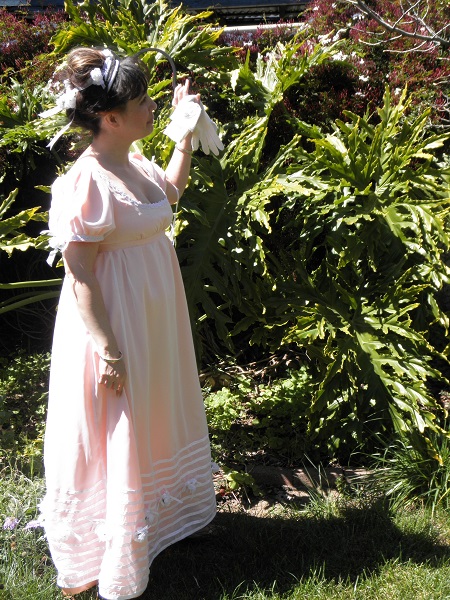 Reproduction Regency Peach with White Sheer Ball Gown. In the Garden. April 2011