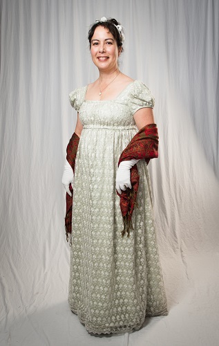 Reproduction Regency Ice Green Evening Dress. Butterick B6074 View B. Photograph by Nicholas Burlett.