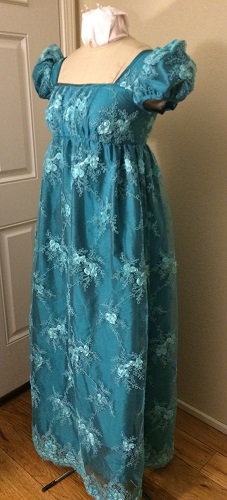 Reproduction Regency Peacock Teal Evening Dress Left Quarter View. Butterick B6074 View B