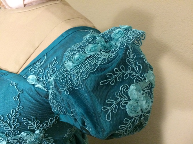 Reproduction Regency Peacock Teal Evening Dress Sleeve Detail.