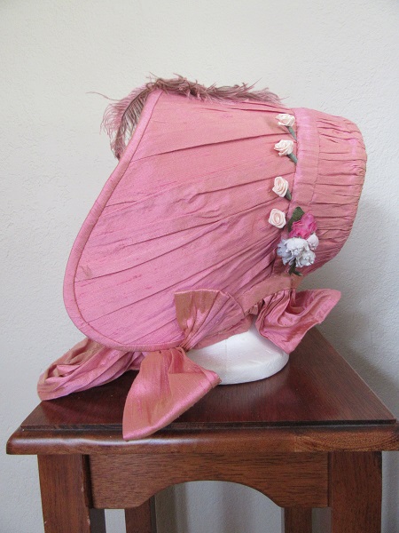 Reproduction Coal Shuttle Bonnet - Pink Silk Faux Drawn - Left. 