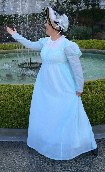 Reproduction blue stripe Regency day dress.