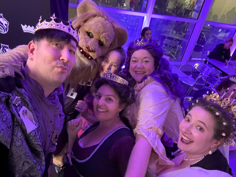 Reproduction 1880s Intergalactic Purple Evening Dress at Crocker ArtMix November 2024. With Sacramento Kings Slamson the Lion