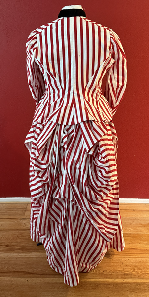 Reproduction 1885 Red Striped Seaside Dress with Plastron Back.Truly Victorian TV 