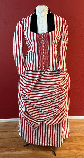 Reproduction 1885 Red Striped Seaside Dress with Plastron Front.Truly Victorian TV 