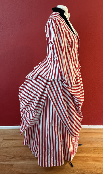 Reproduction 1885 Red Striped Seaside Dress with Plastron Right.Truly Victorian TV 