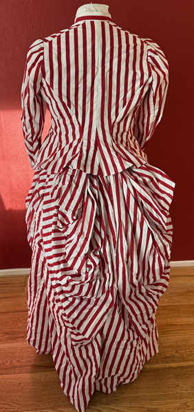Reproduction 1885 Red Striped Seaside Dress Back.Truly Victorian TV 