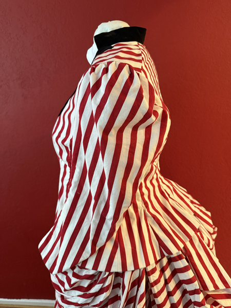 Reproduction 1885 Red Striped Bodice with Plastron Left. Truly Victorian TV460