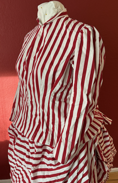 Reproduction 1885 Red Striped Bodice Left Quarter View.Truly Victorian TV460