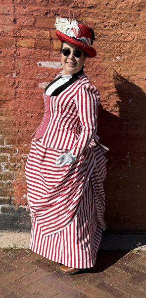 Reproduction 1885 Red Striped Seaside Dress at Port Townsend Victorian Heritage Festival April 2026. 