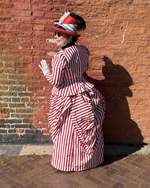 Reproduction 1885 Red Striped Seaside Dress at Port Townsend Victorian Heritage Festival April 2026. 