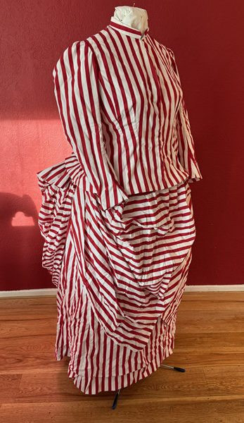 Reproduction 1885 Red Striped Seaside Dress Right Quarter View.Truly Victorian TV 